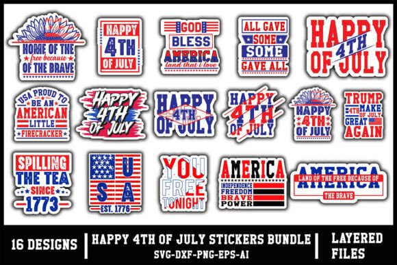 Happy 4th of July Stickers Bundle in Real Embroidery Use